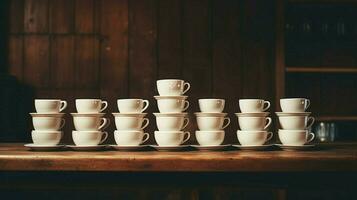 stack of coffee cups in a row on table no people photo