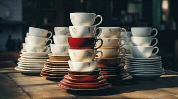 stack of coffee cups in a row on table no people photo