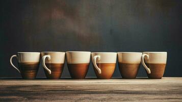 stack of coffee cups in a row on table no people photo