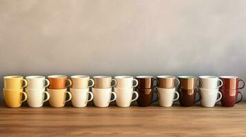 stack of coffee cups in a row on table no people photo