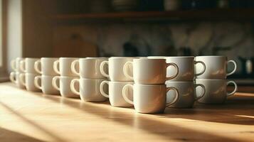 apilar de café tazas en un fila en mesa No personas foto