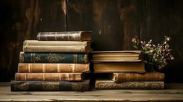 stack of old books on wooden table photo