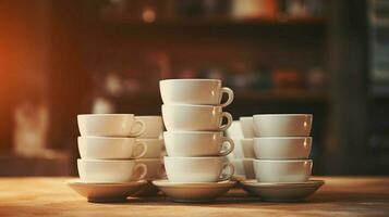 stack of coffee cups in a row on table no people photo