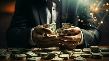 stacks of wealth in businessman successful hands photo