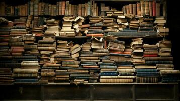 stacks of old textbooks on wooden shelves photo