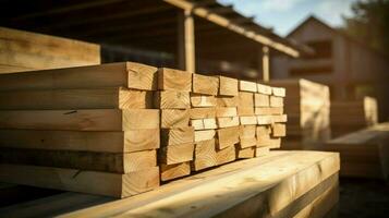 stacks of timber planks for building construction photo