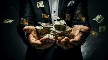 stacks of wealth in businessman successful hands photo