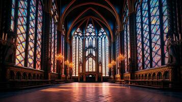 stained glass window illuminates ancient gothic architect photo