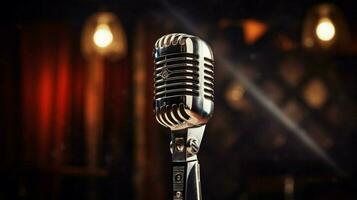 stage spotlight illuminates shiny chrome condenser microphone photo