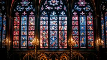 stained glass window illuminates ancient gothic architect photo