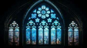stained glass window illuminates ancient gothic architect photo