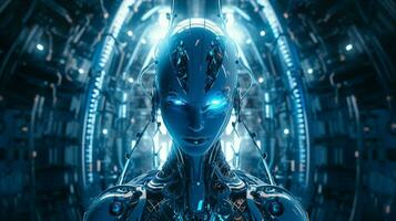 standing futuristic cyborg illuminated by blue machinery photo