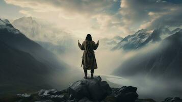 standing on mountain peak praying to god photo