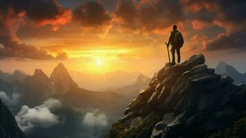 standing silhouette on mountain peak admiring sunset photo