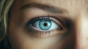 curioso mujer con hermosa azul ojos observado foto