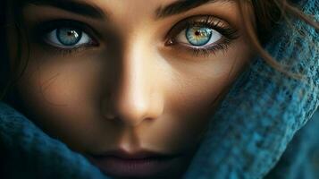 curioso mujer con hermosa azul ojos observado foto