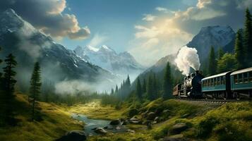 steam locomotive chugs through mountainous forest landscape photo