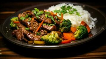 steamed rice pork and vegetables on a plate photo