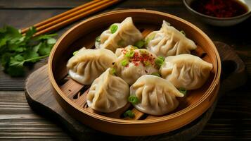 steamed dumplings on wooden plate a healthy vegetarian meal photo