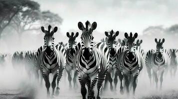 striped zebra herd in monochrome savannah beauty photo