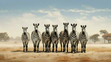 striped zebra standing in a row on savannah photo