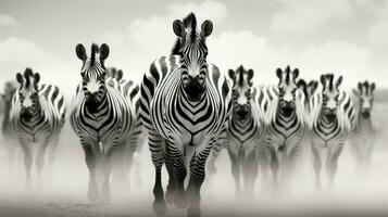 striped zebra herd in monochrome savannah beauty photo