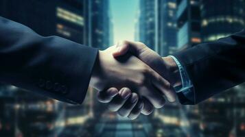 successful businessmen in suits shaking hands in corporate photo