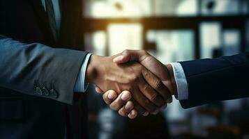 successful businessmen seal deal with firm handshake photo