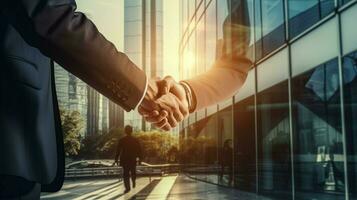 successful businessmen shaking hands in front of building photo