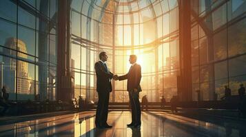 successful businessmen shaking hands in front of building photo