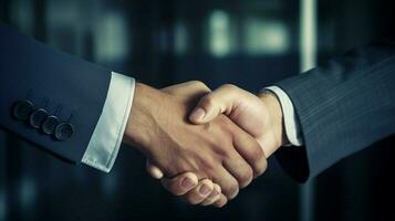 successful businessmen seal deal with firm handshake photo