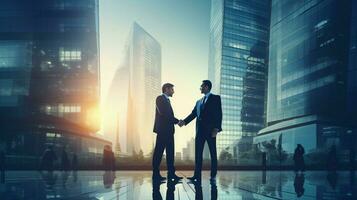 successful businessmen shaking hands in front of building photo