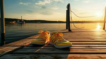 sun kissed sports shoes rest on tranquil pier photo