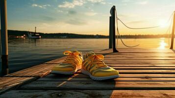 Dom besado Deportes Zapatos descanso en tranquilo muelle foto