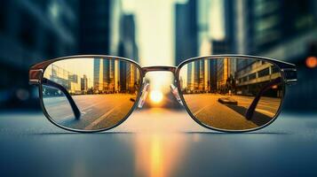 sunglasses reflection close up eyesight urban skyline mod photo