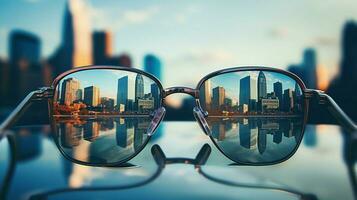 Gafas de sol reflexión cerca arriba vista urbano horizonte modificación foto