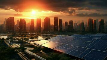 puesta de sol combustibles solar panel generador potestades ciudad futuro foto