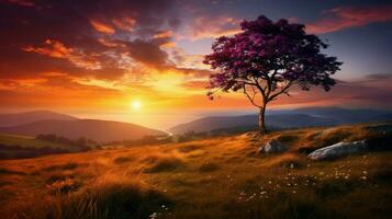 sunset highlights nature beauty trees and meadow photo