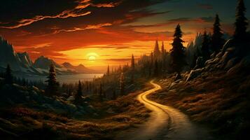 sunset journey on winding country road adventure photo