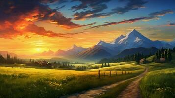 sunset over mountain range on rural country road photo