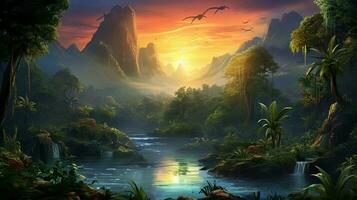 sunset over tropical rainforest a tranquil scene of nature photo