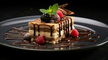 sweet gourmet dessert on plate with chocolate fresh photo