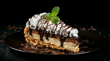 sweet pie with chocolate and whipped cream on black background photo