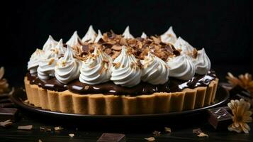 sweet pie with chocolate and whipped cream on black background photo