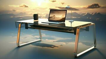 mesa escritorio en moderno oficina con computadora tecnología foto