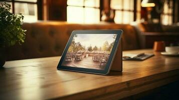 tablet modern technology on a wooden desk indoors photo