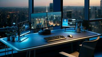 mesa escritorio en moderno oficina con computadora tecnología foto