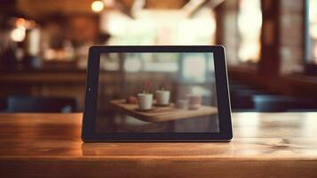 tableta moderno tecnología en un de madera escritorio adentro foto