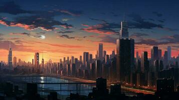 alto rascacielos iluminar ciudad horizonte a oscuridad foto