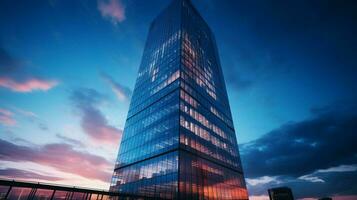 tall steel skyscraper reflects blue twilight sunlight photo